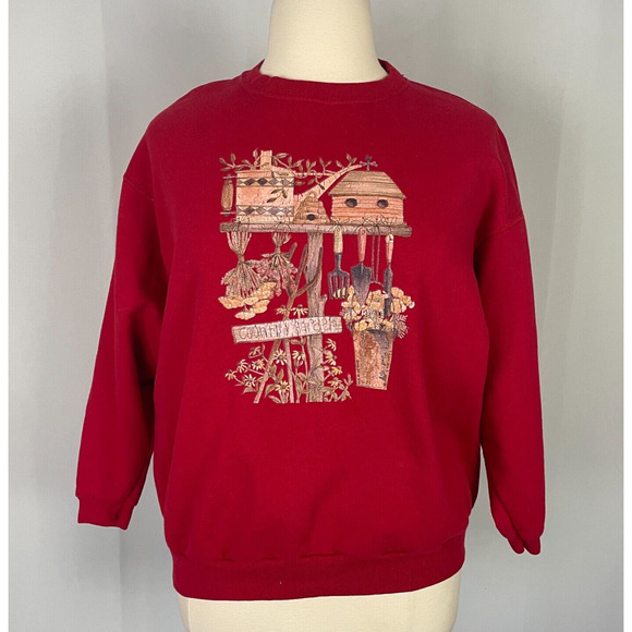 Crewneck Sweatshirt Womens Plus Size 18W 20W Red Graphic Grandma Cottage Garden - Picture 1 of 13